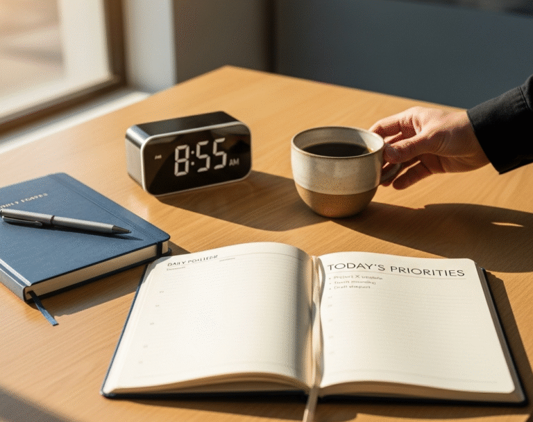 A person preparing for work at 8:55 AM with a planner, clock, and coffee — symbolizing punctuality, planning, and respect for time.
