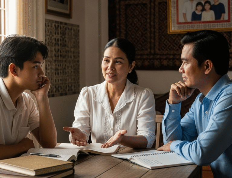 A mother and her two sons sit at a wooden table discussing something important. Books and notebooks are open, showing a thoughtful, respectful conversation in a traditional Cambodian-style home.
