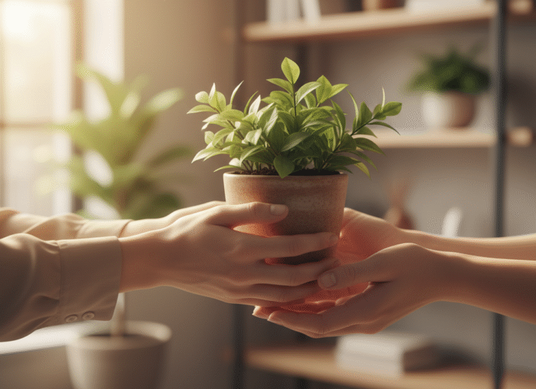 A hand gently offering a small potted plant to another hand, symbolizing kindness, support, and personal growth in the workplace.