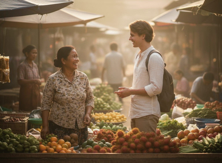 A foreigner and a Cambodian local smiling together at a small market